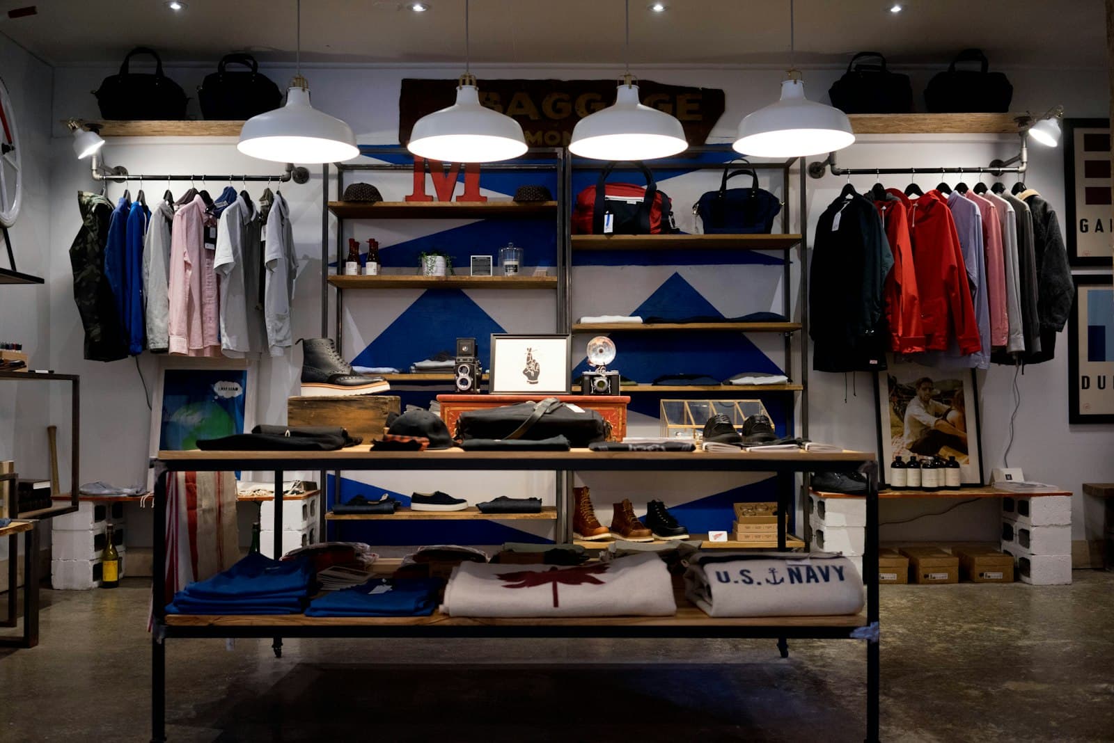 Retail store interior with clothing displays
